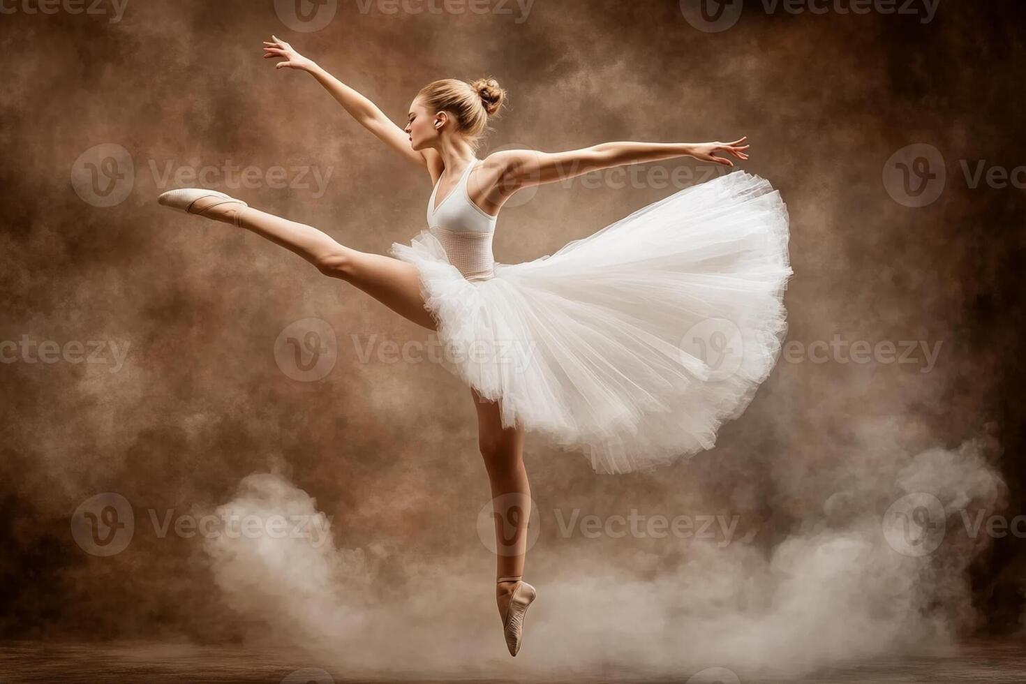 A beautiful ballerina in a white dress is jumping in the air photo