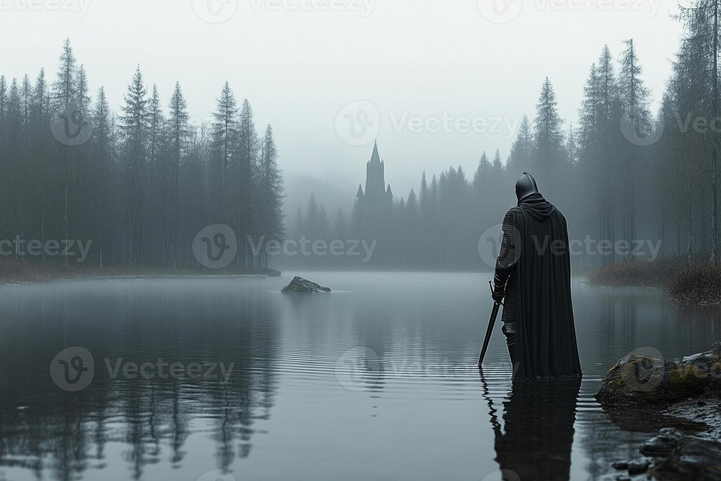 A man in a black cloak standing in the water photo