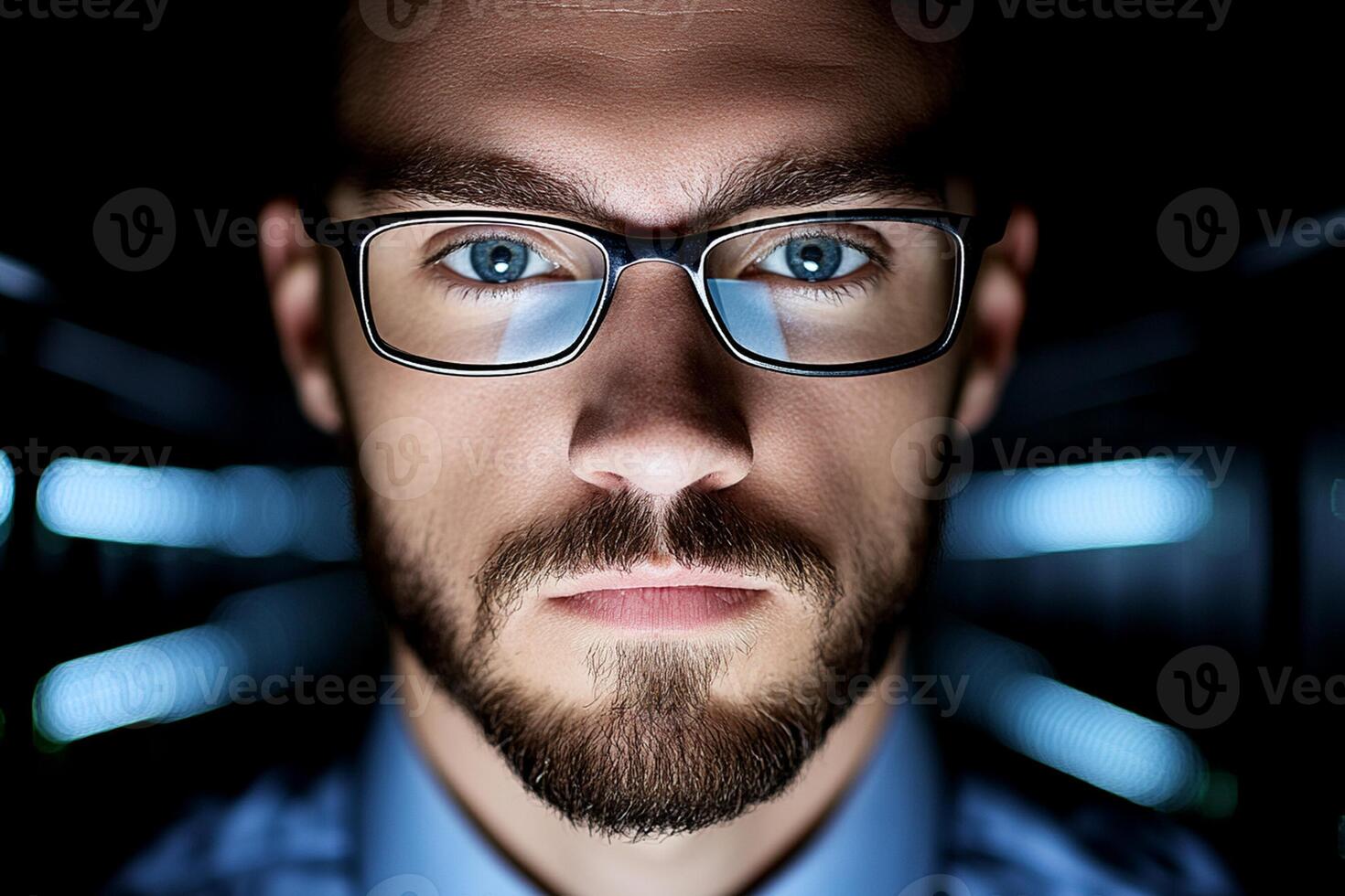 A man with glasses and a beard in a dark room photo