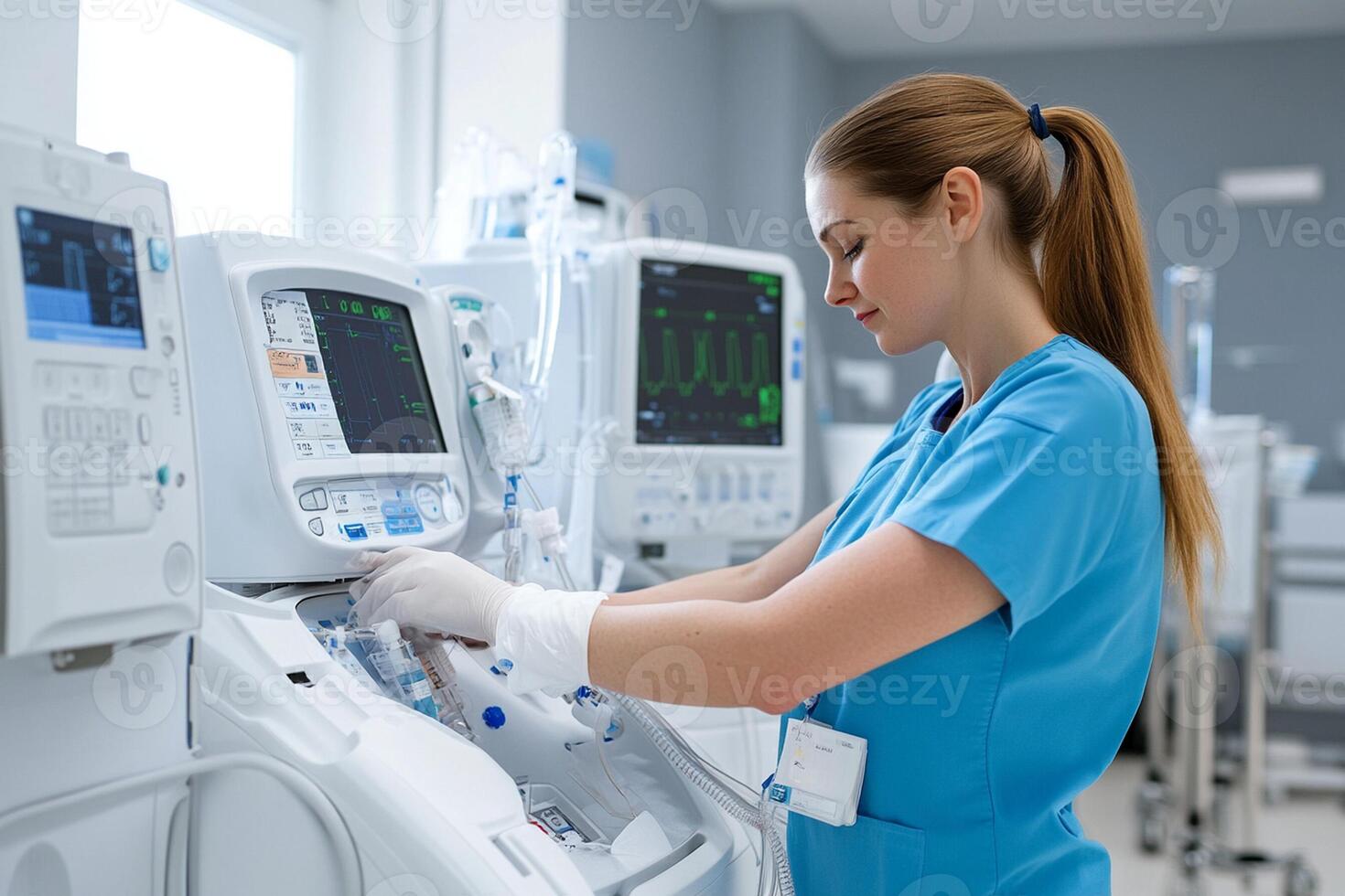 A woman in a blue scrub suit is working on an iv machine photo