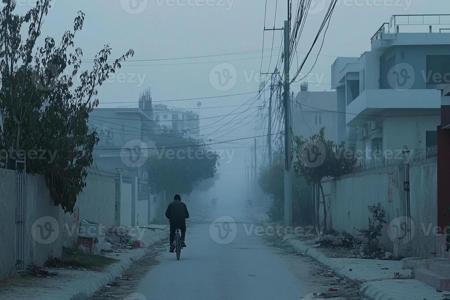 A man riding a bike down a street in the fog photo