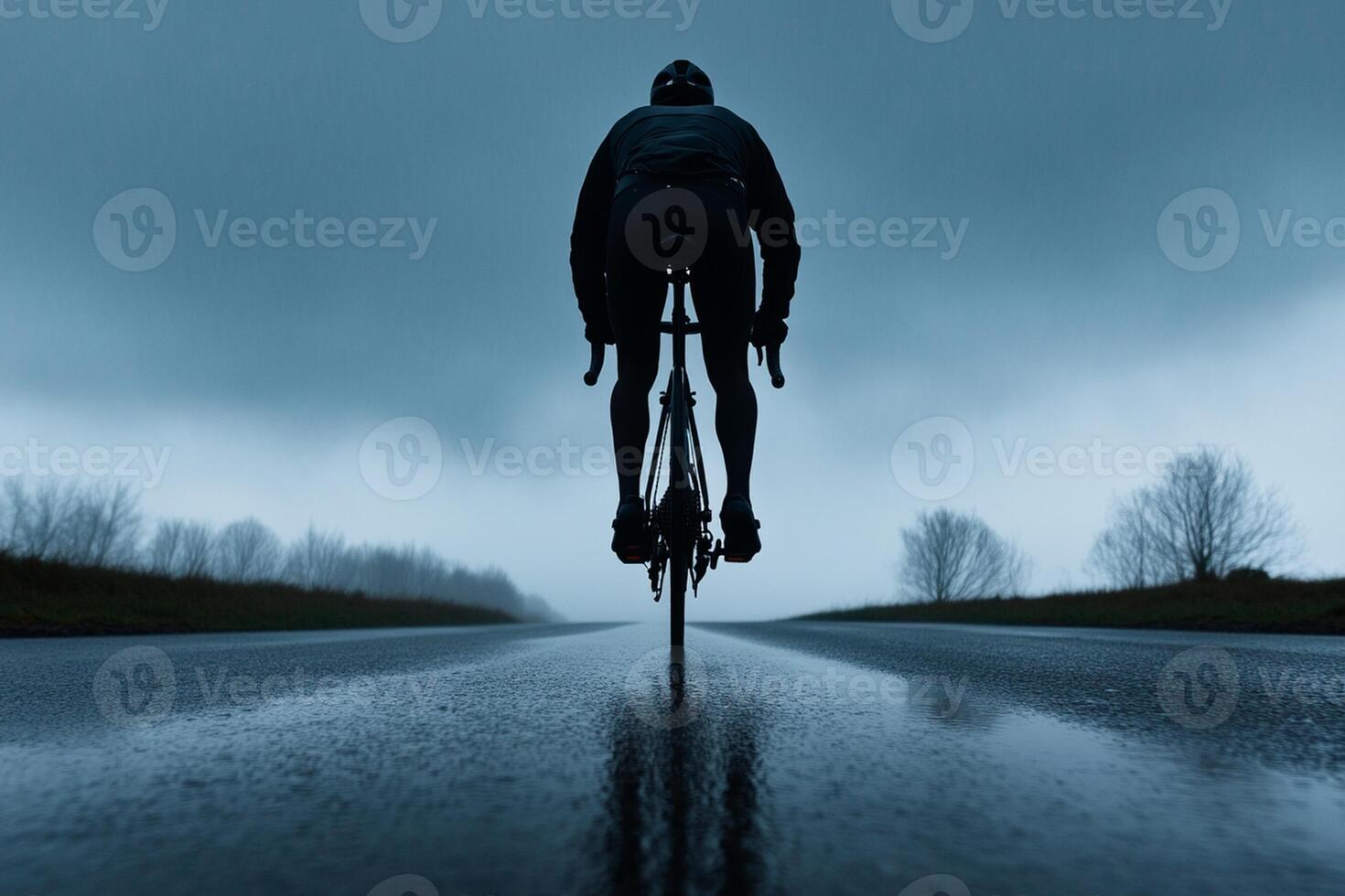 A cyclist is riding down a wet road photo