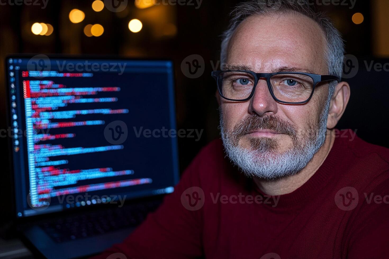 A man with glasses and a beard sitting in front of a computer screen photo