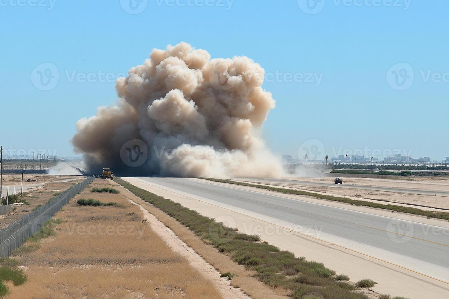 A large cloud of smoke is seen on the side of the road photo