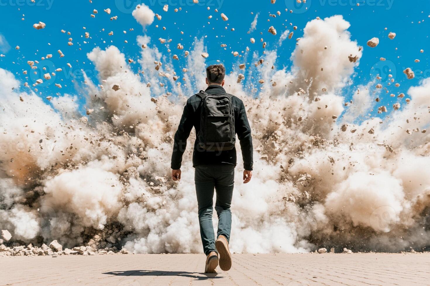 A man walking away from a large explosion photo