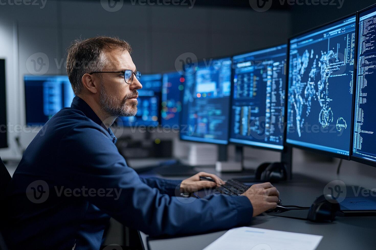A man in a blue shirt is sitting at a computer with multiple screens photo