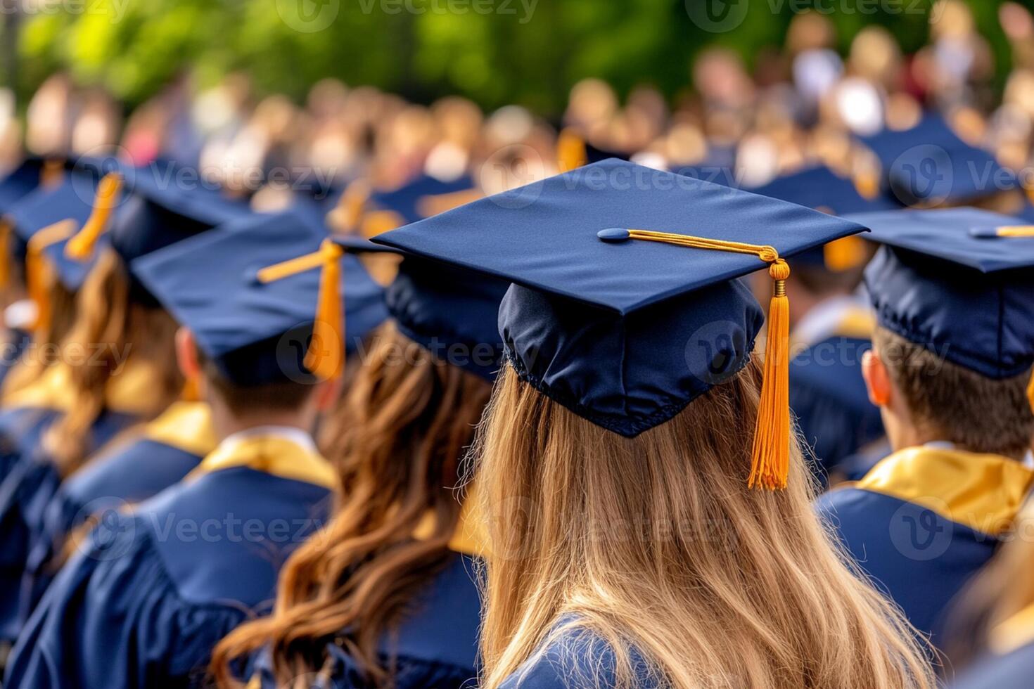 Graduates in caps and gowns at graduation photo