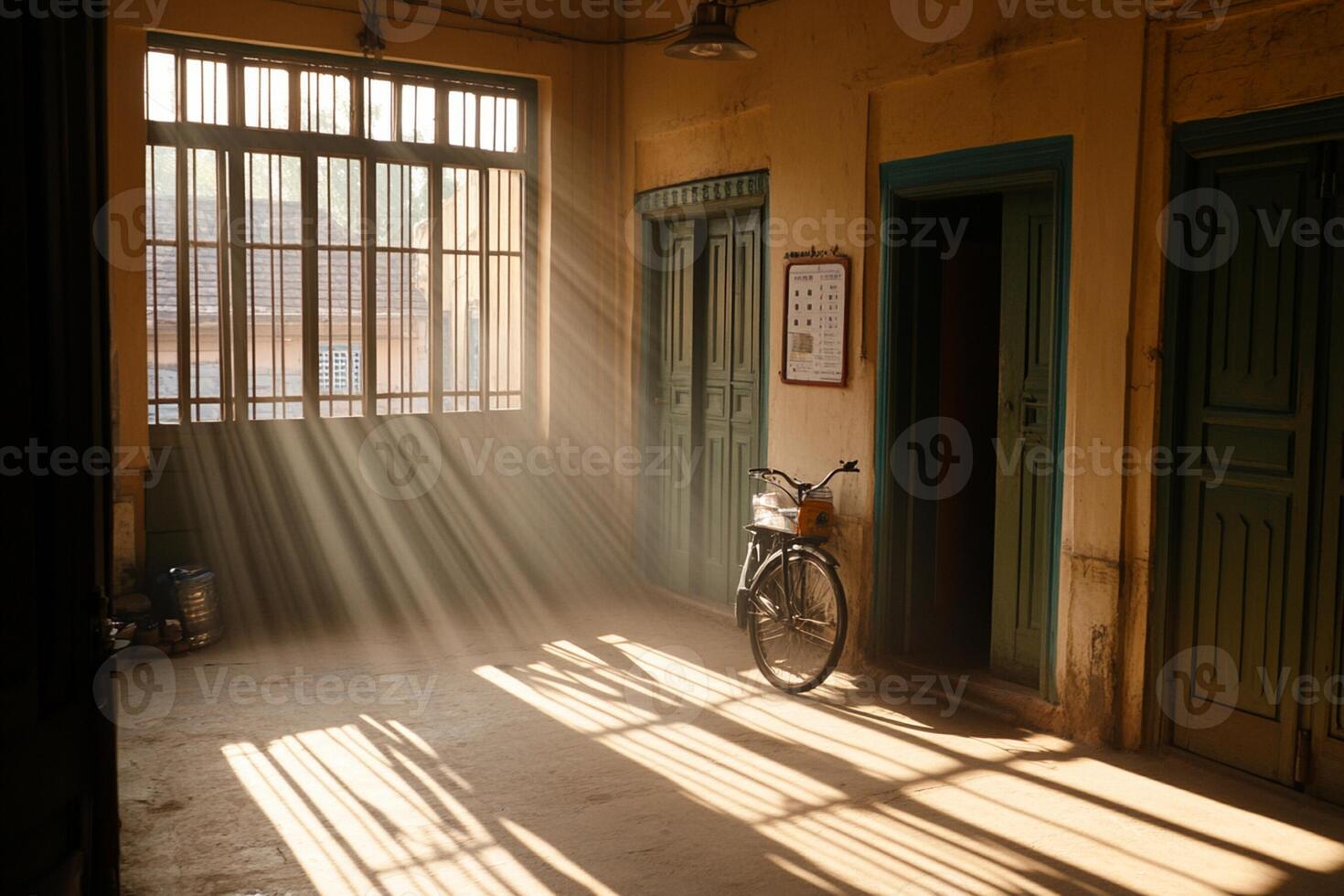 A bicycle is parked in a room with sunlight streaming through the windows photo
