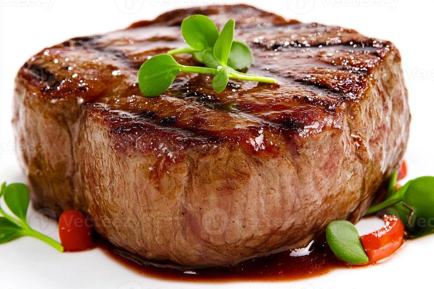 A steak is shown on a white plate photo