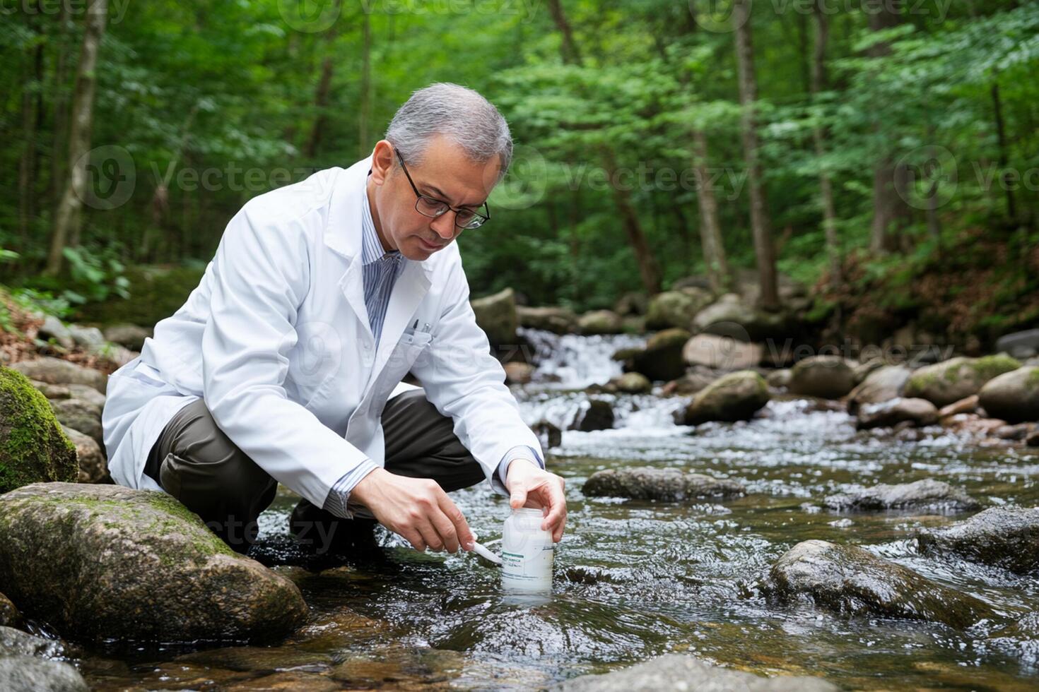 A man in a lab coat is kneeling down in a stream photo