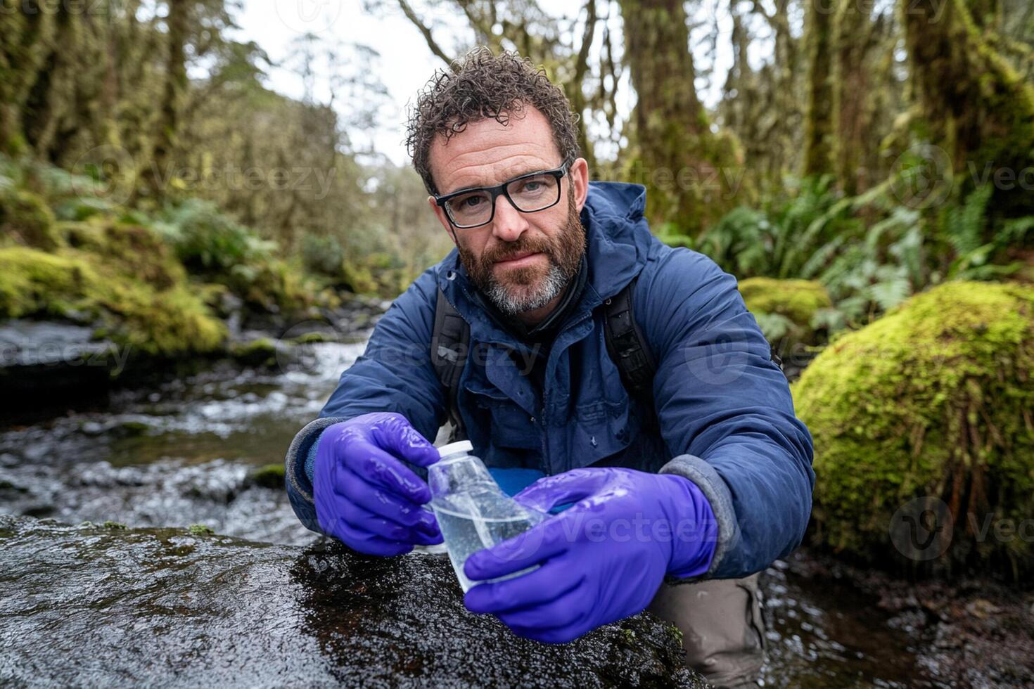 A man in blue gloves and glasses holding a plastic bottle in a stream photo