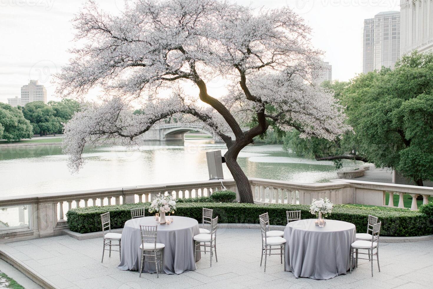 A table set up in front of a tree with white linens photo