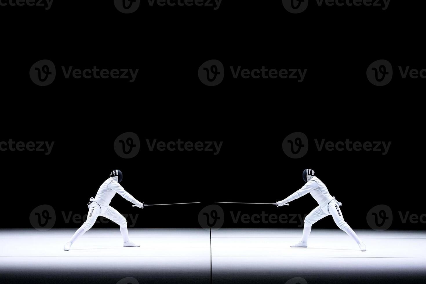 Two people playing fencing in a dark room photo