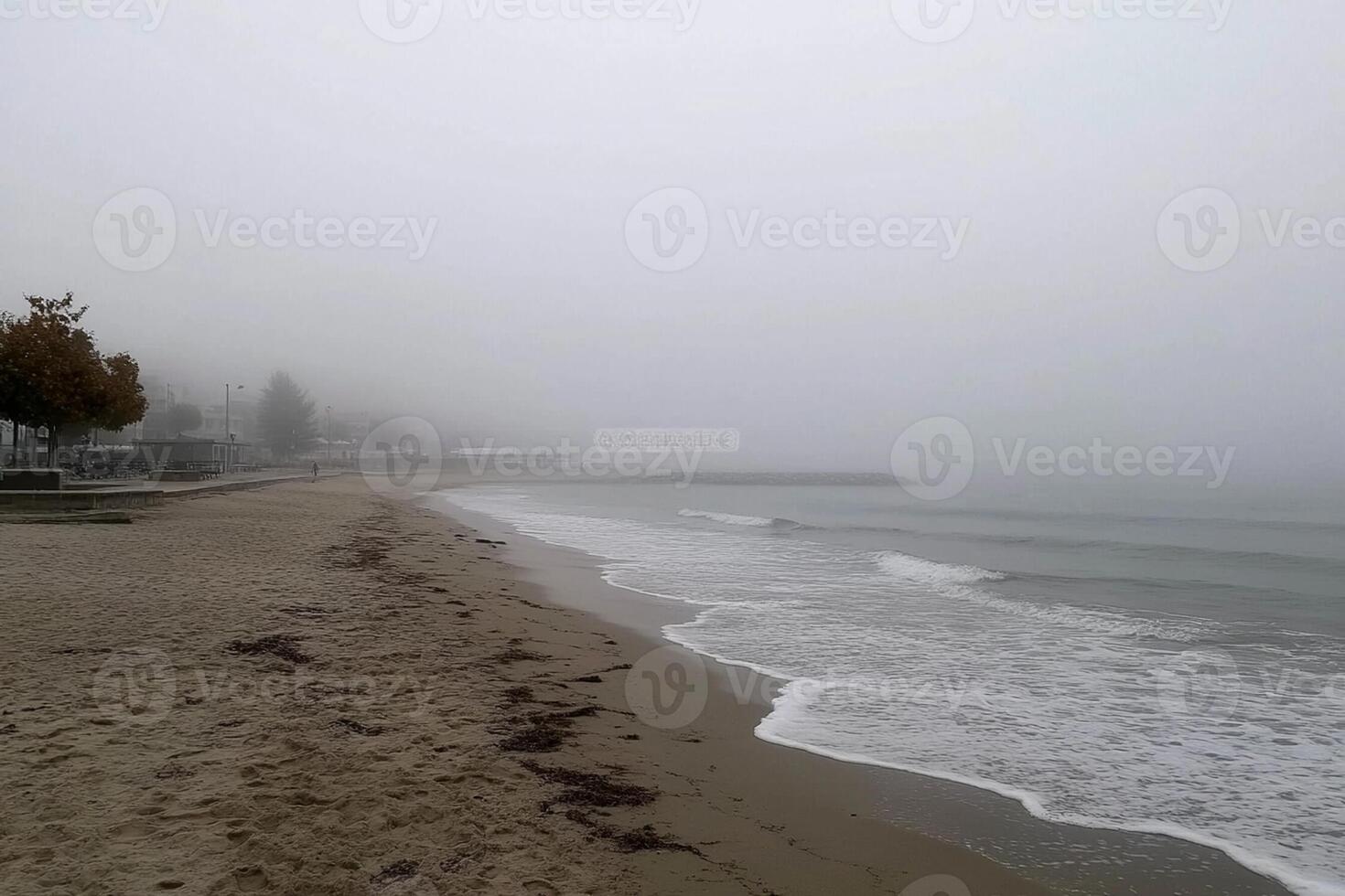 A beach in the fog with a beach house photo