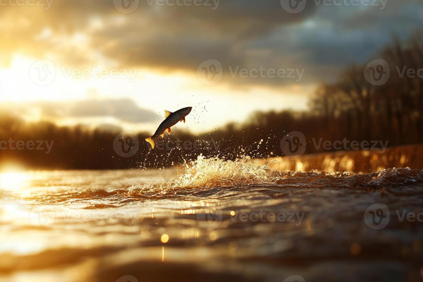 A fish jumping out of the water at sunset photo