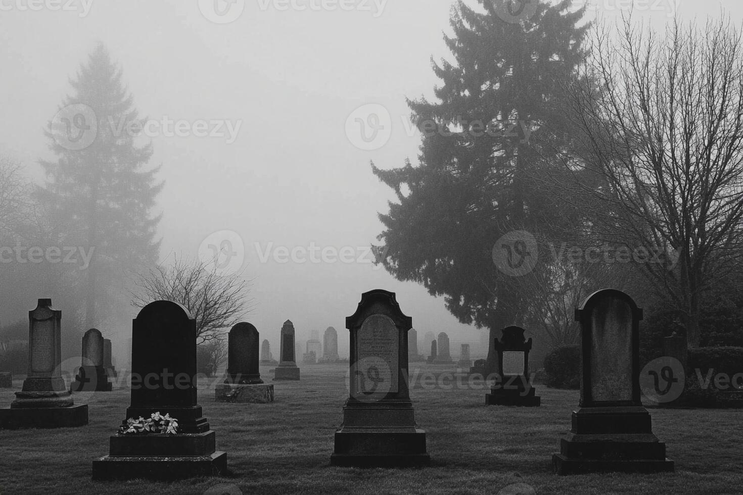 A cemetery with tombstones in the fog photo