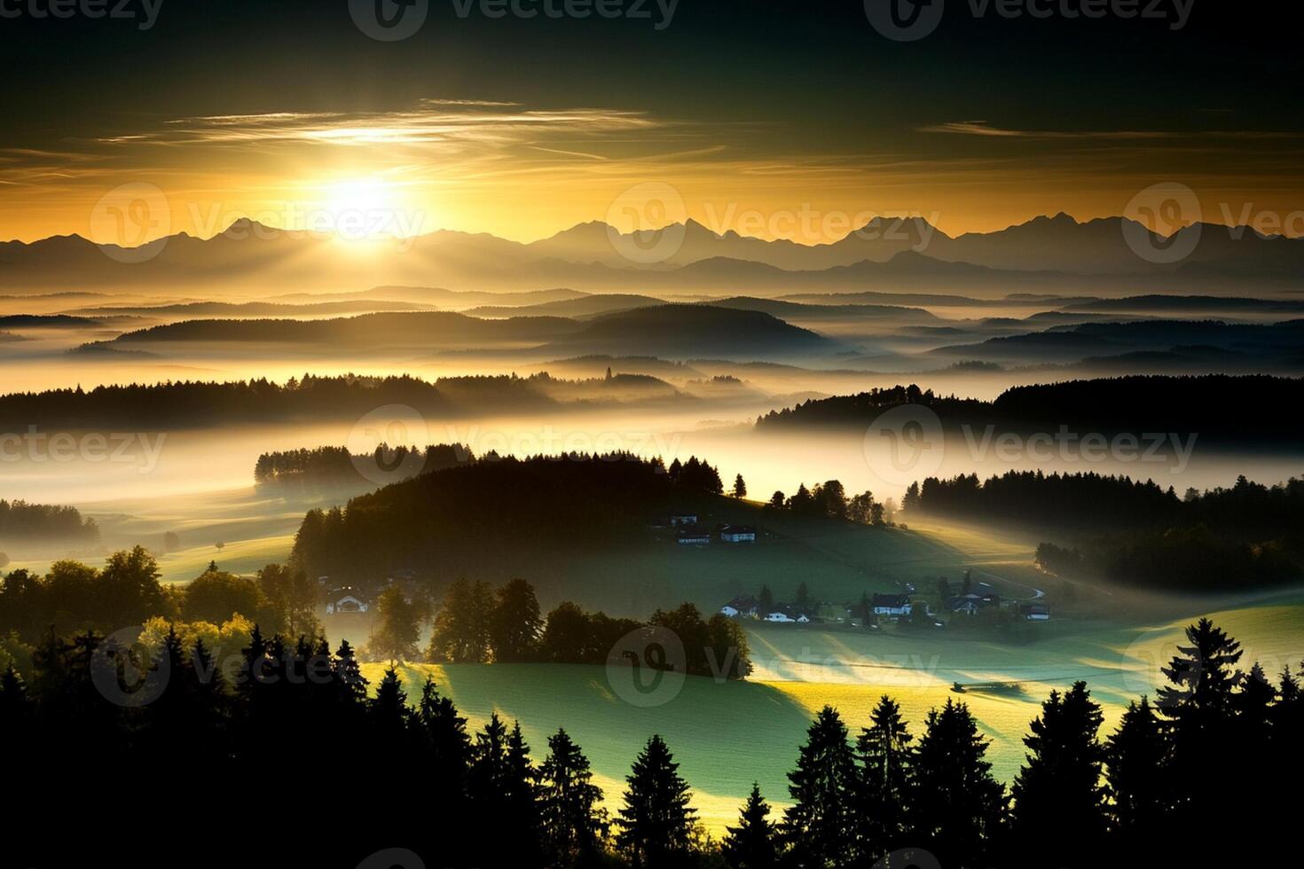 A beautiful sunrise over a valley with trees and mountains photo
