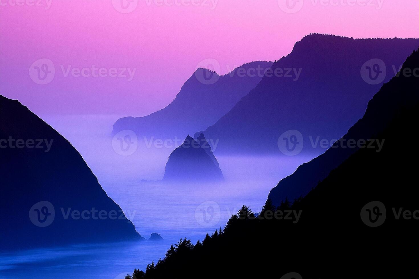 A purple sky and foggy mountains in the distance photo