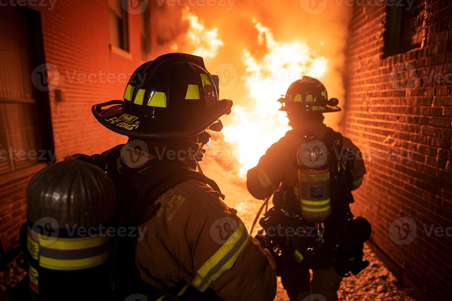 Two firefighters standing in front of a burning building photo