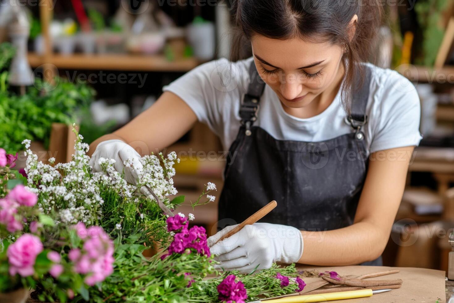 A woman is working on a flower arrangement photo