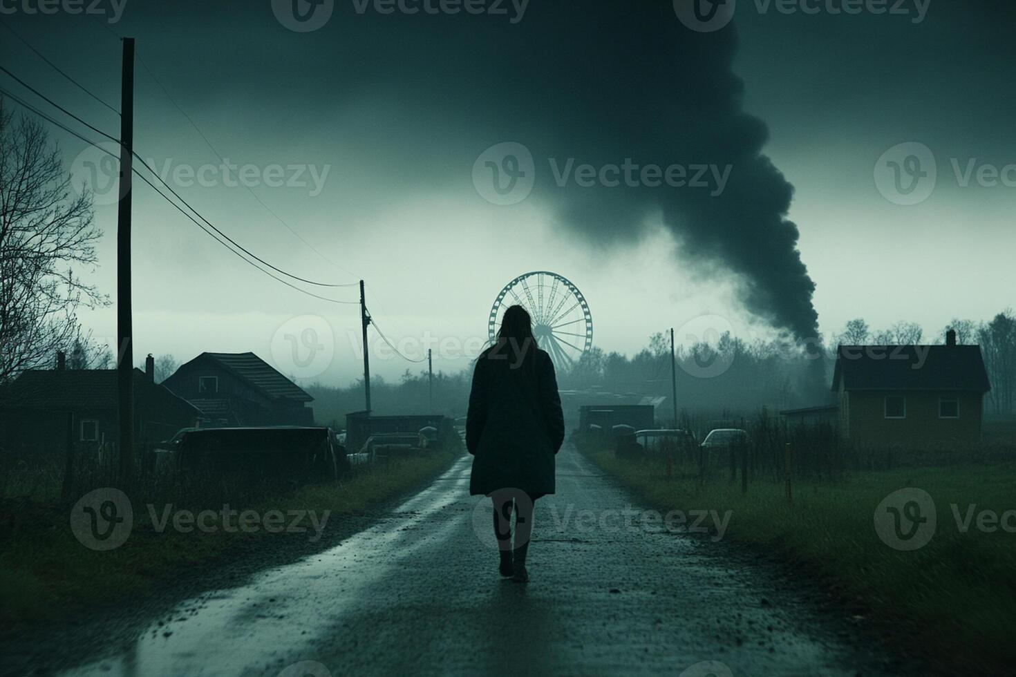 A woman walks down a road with smoke coming out of the sky photo