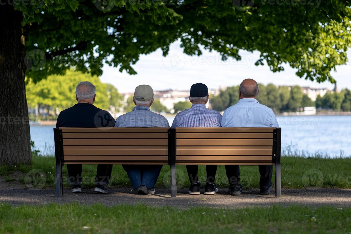 Three men sitting on a bench photo