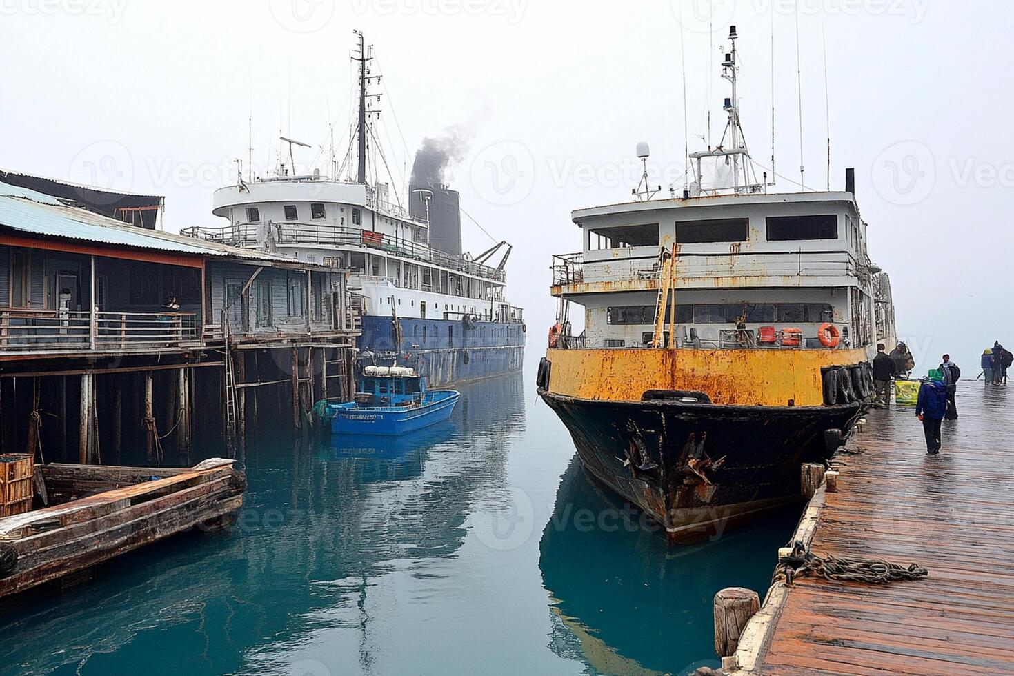 A boat is docked next to a dock photo