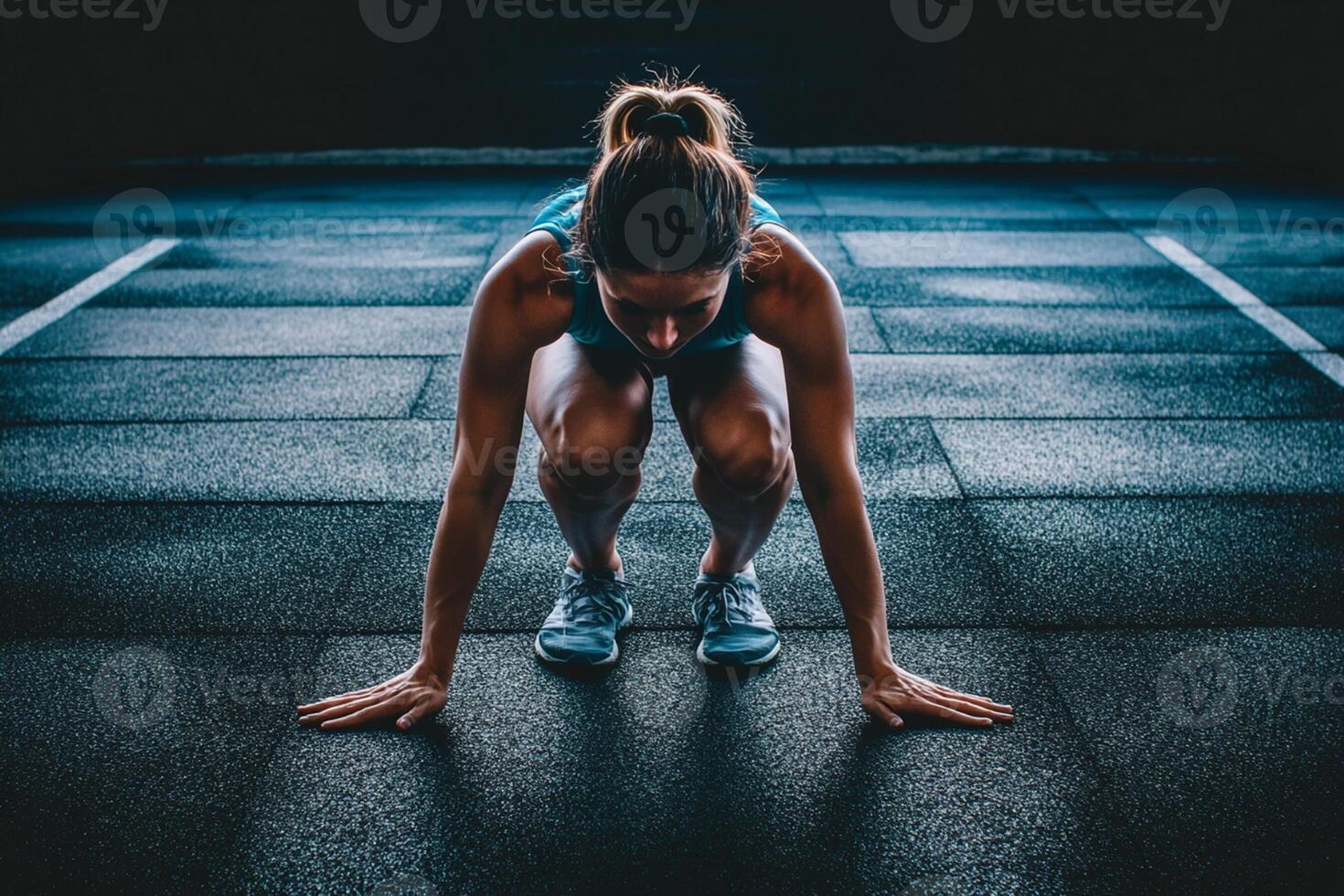 A woman squatting on the floor in a dark room photo