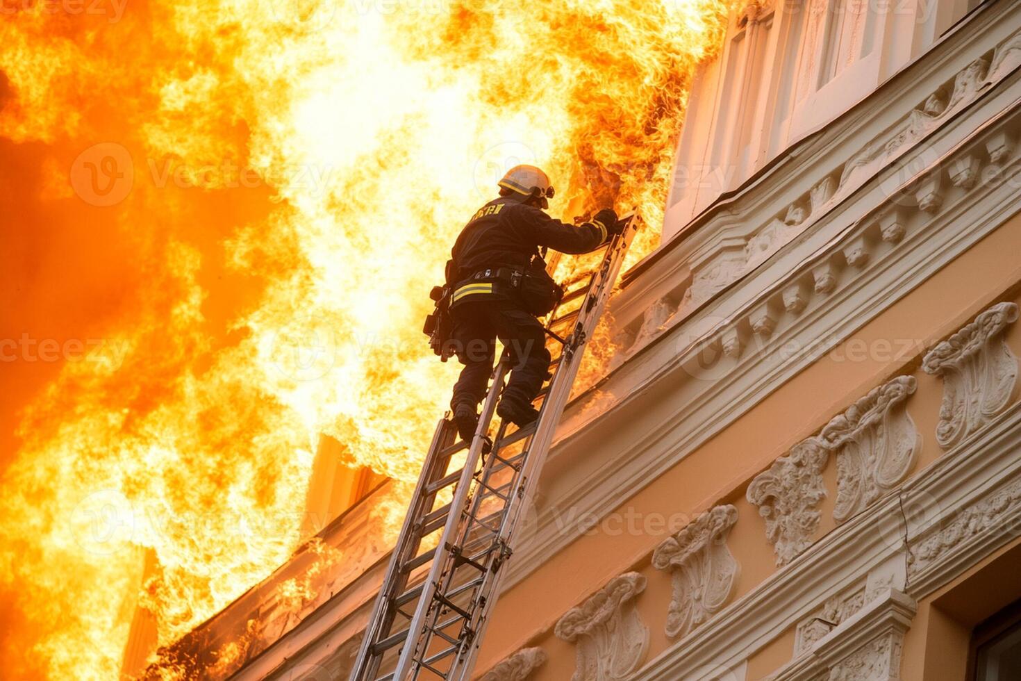A firefighter is on a ladder as he is fighting a fire photo