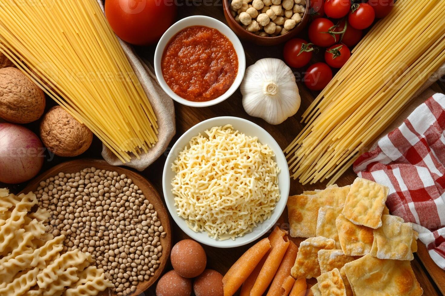 Various types of pasta and other foods are arranged on a table photo