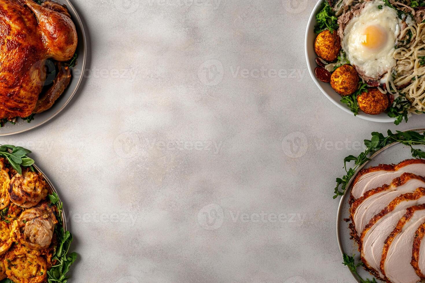 Three plates with food on them, including turkey, ham, and vegetables photo