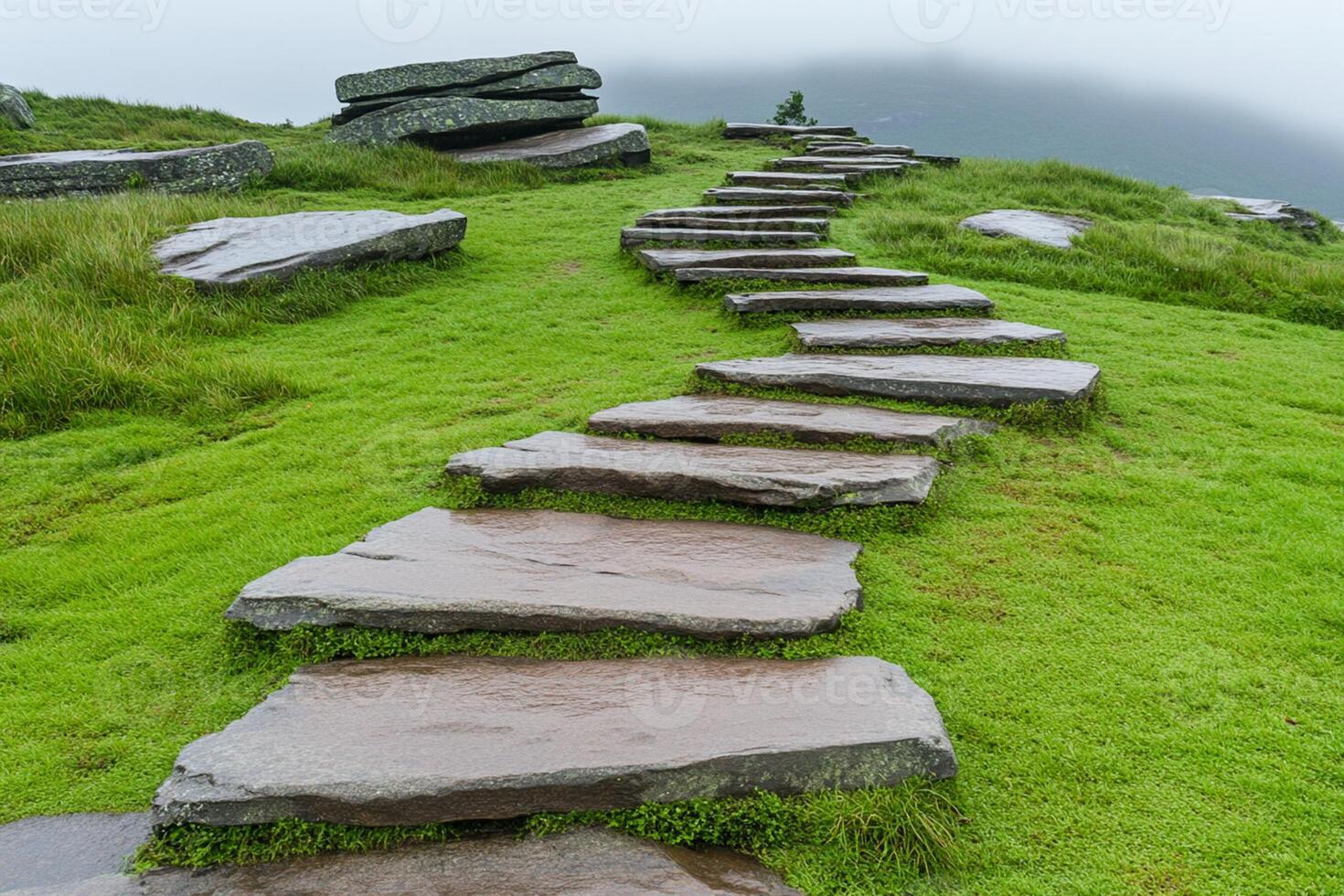 A set of stone steps leading up a hill photo