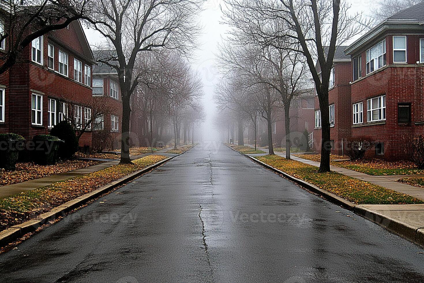 A street lined with houses and trees in the fog photo