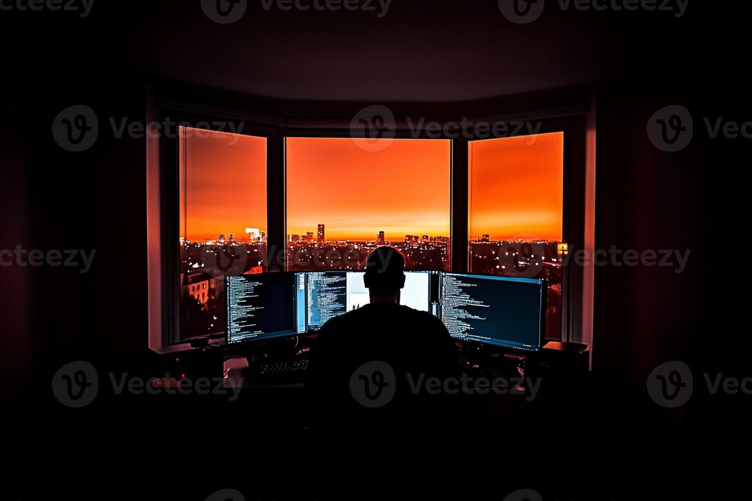 A person sitting at a computer in front of a window with a sunset in the background photo