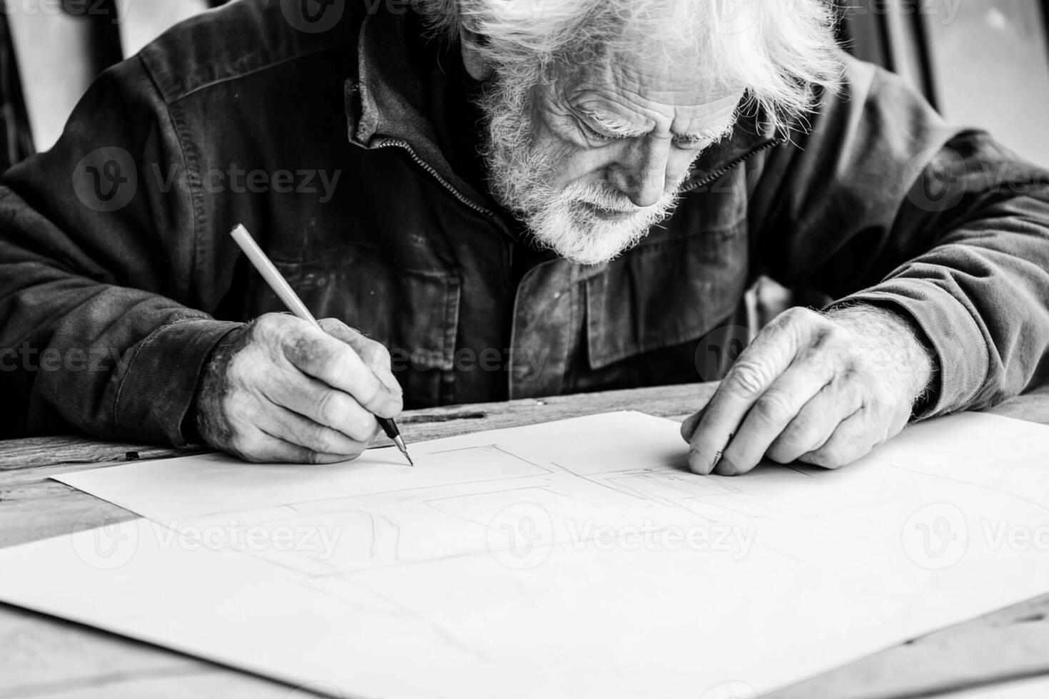 An old man is drawing on paper with a pencil photo
