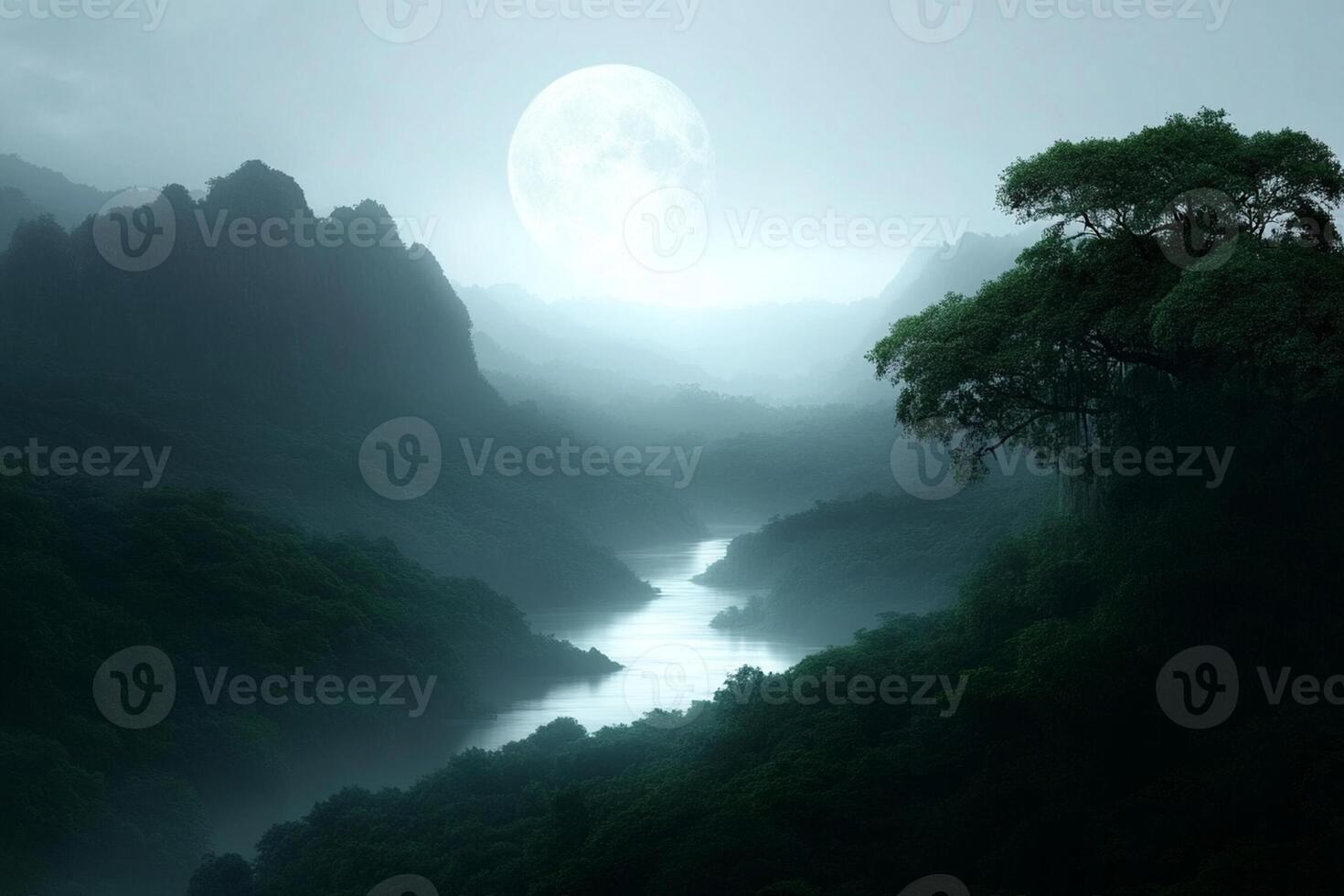 A river runs through a forest with a moon in the sky photo