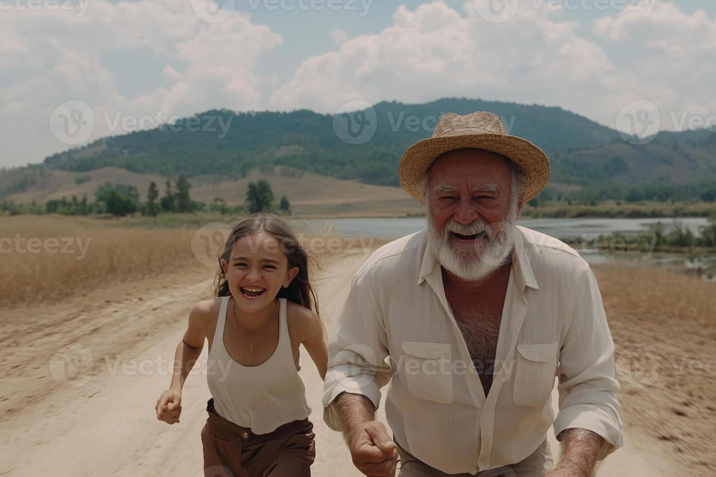 An older man and young girl running on a dirt road photo