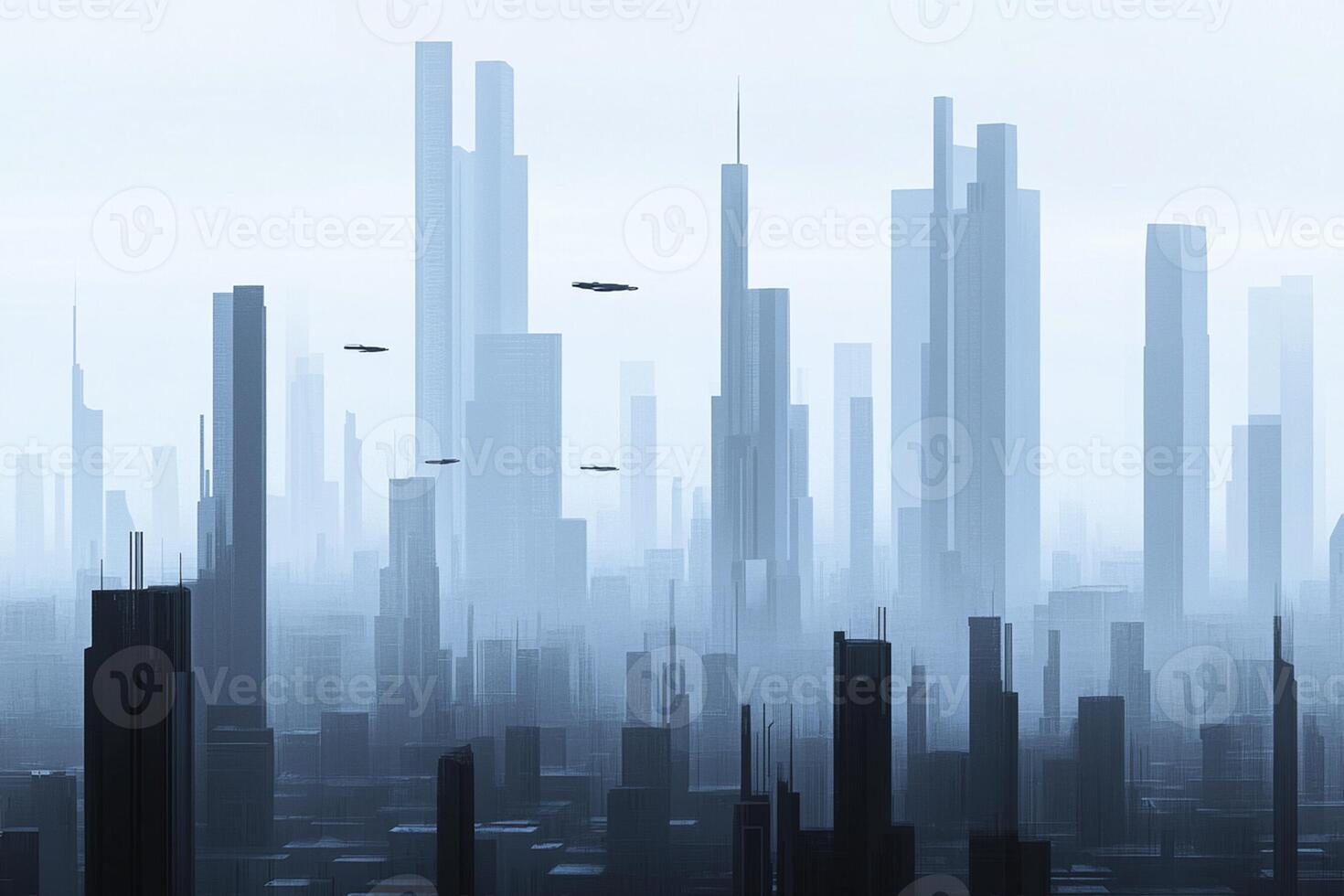 A futuristic city with tall buildings and flying objects photo