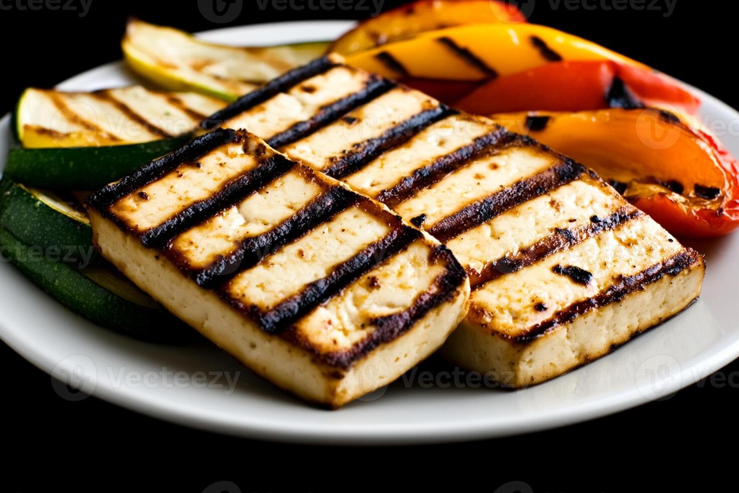 Grilled tofu and vegetables on a white plate photo