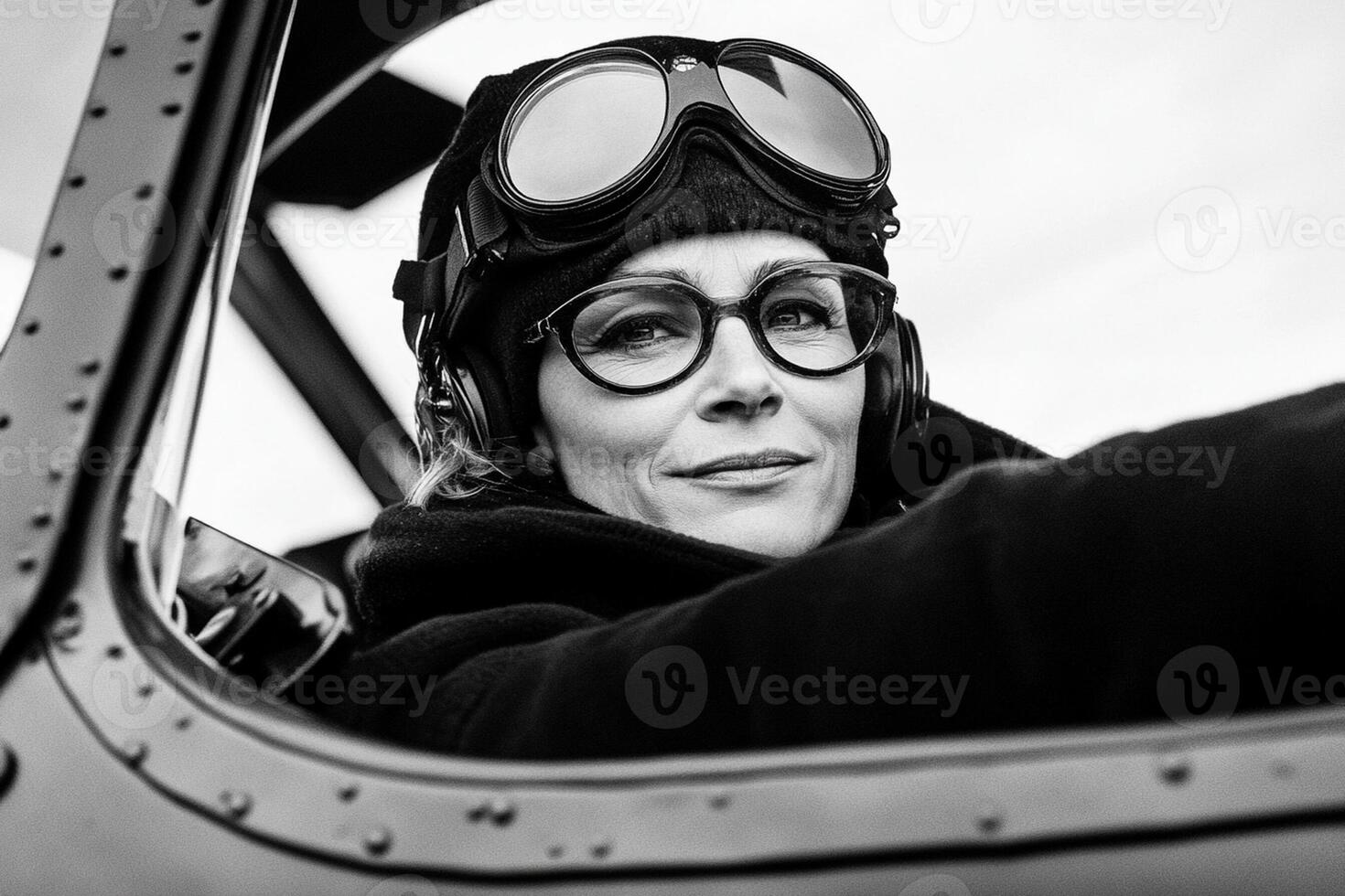 A woman wearing goggles and a hat in an airplane photo