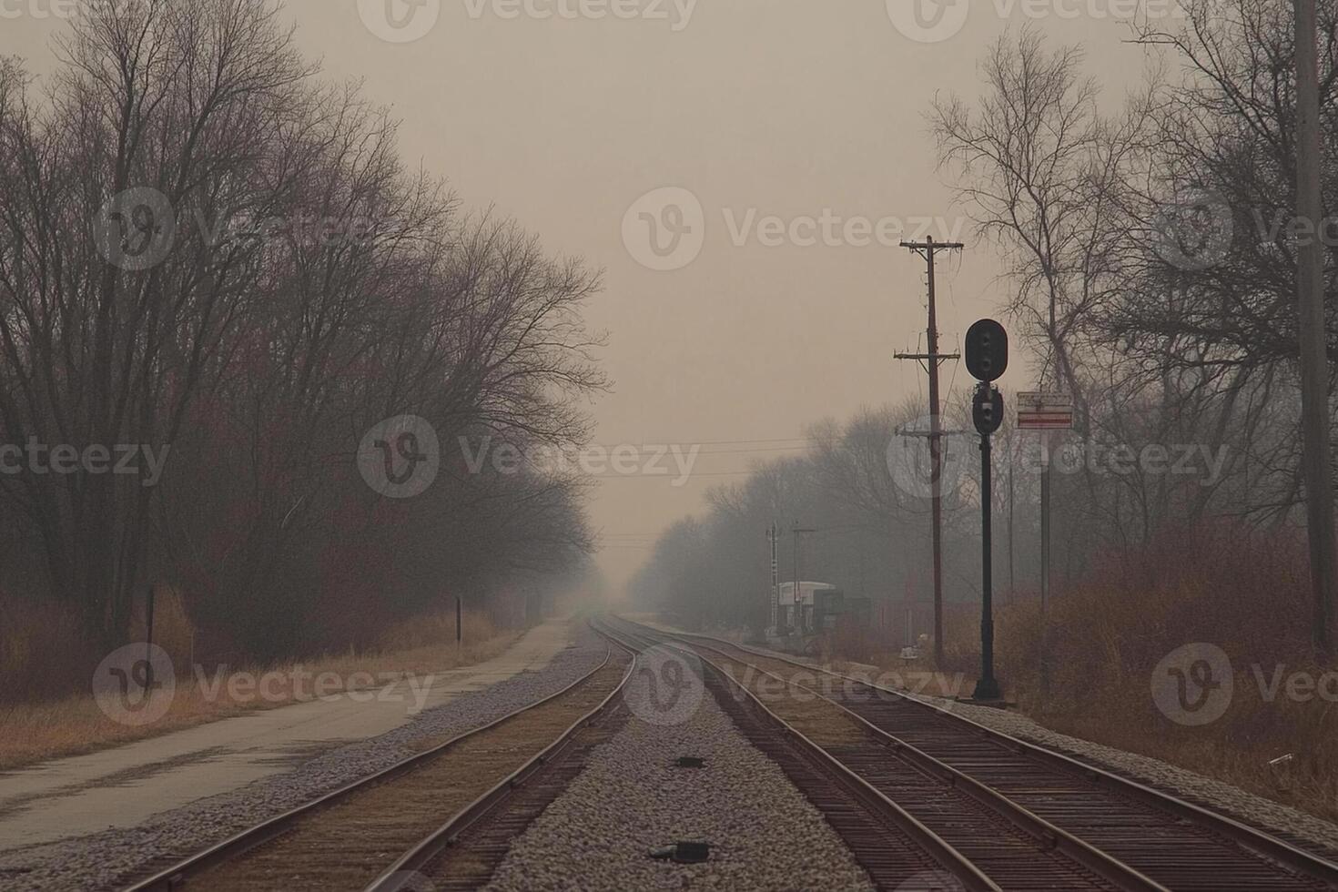 A train track with a stop sign and trees photo