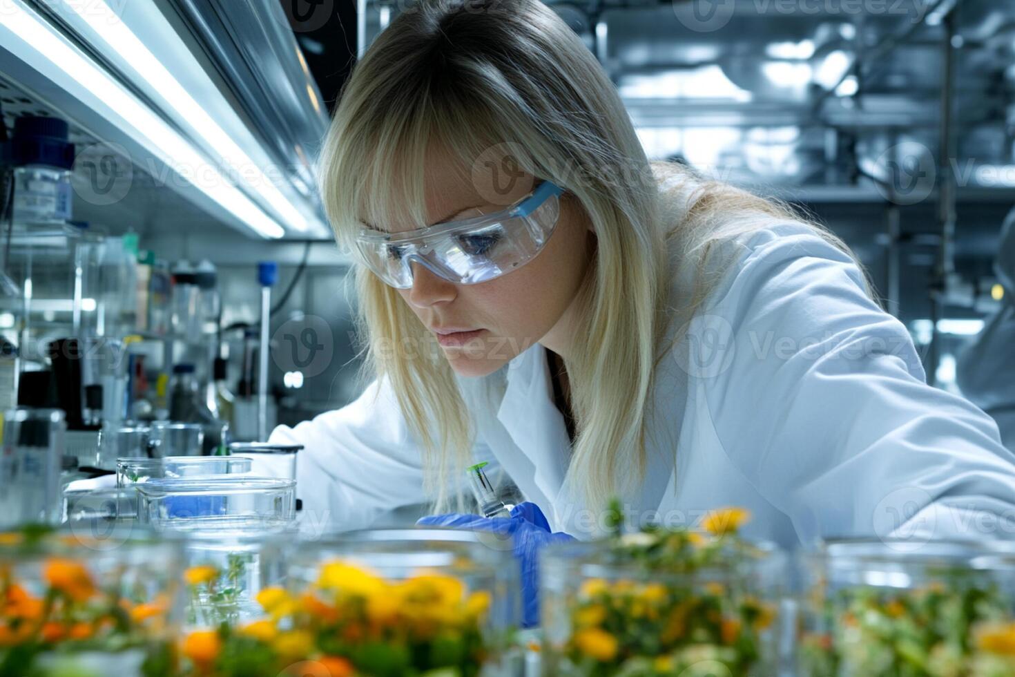 A woman in a lab coat is working on a project photo