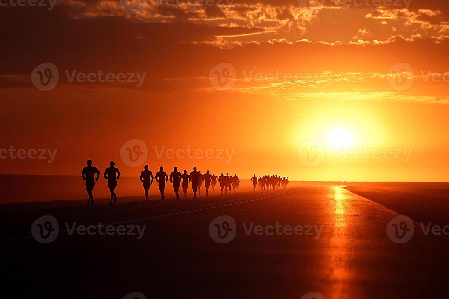 A group of runners are running in the sunset photo