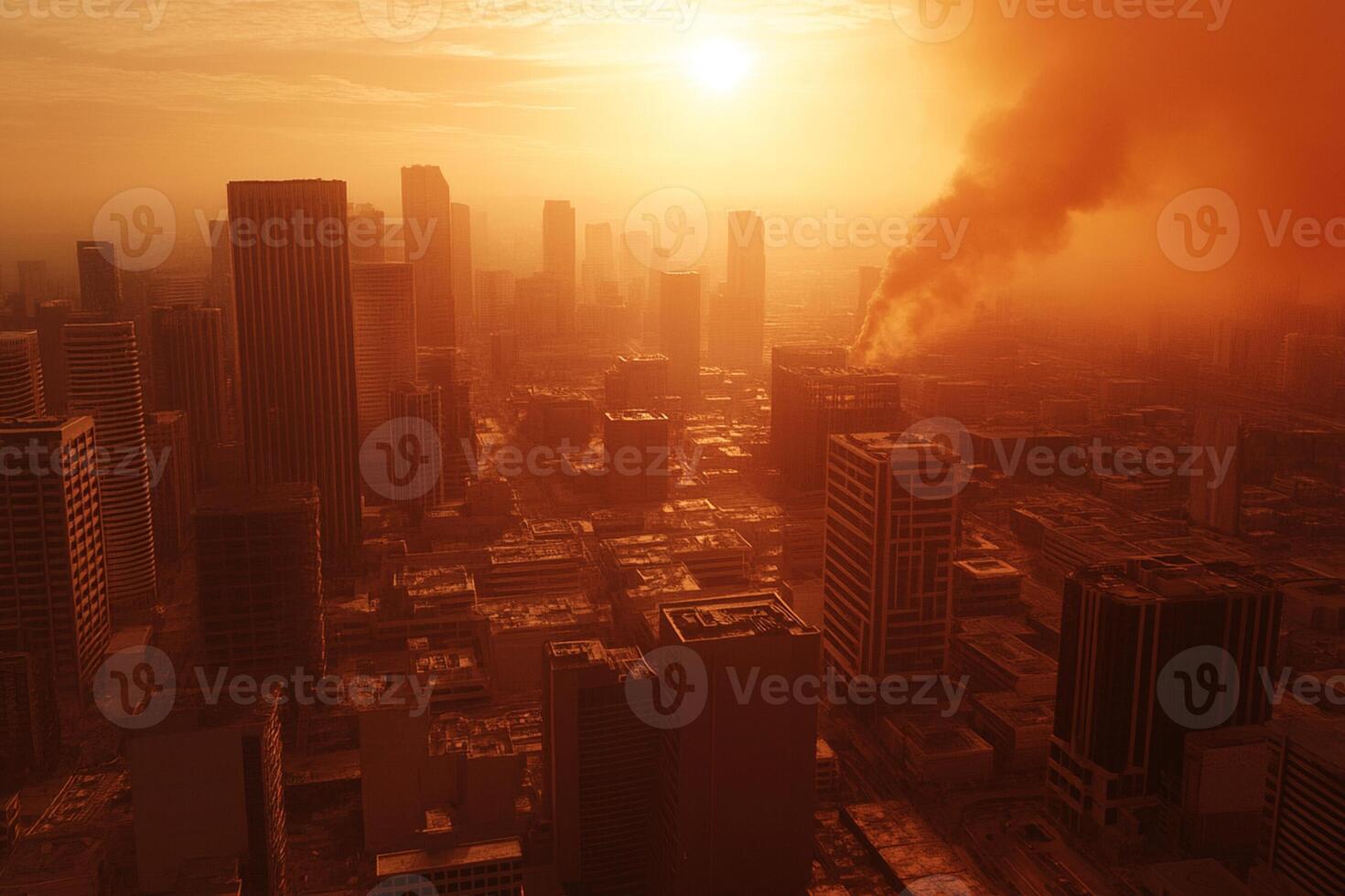 A city with smoke coming out of the sky photo