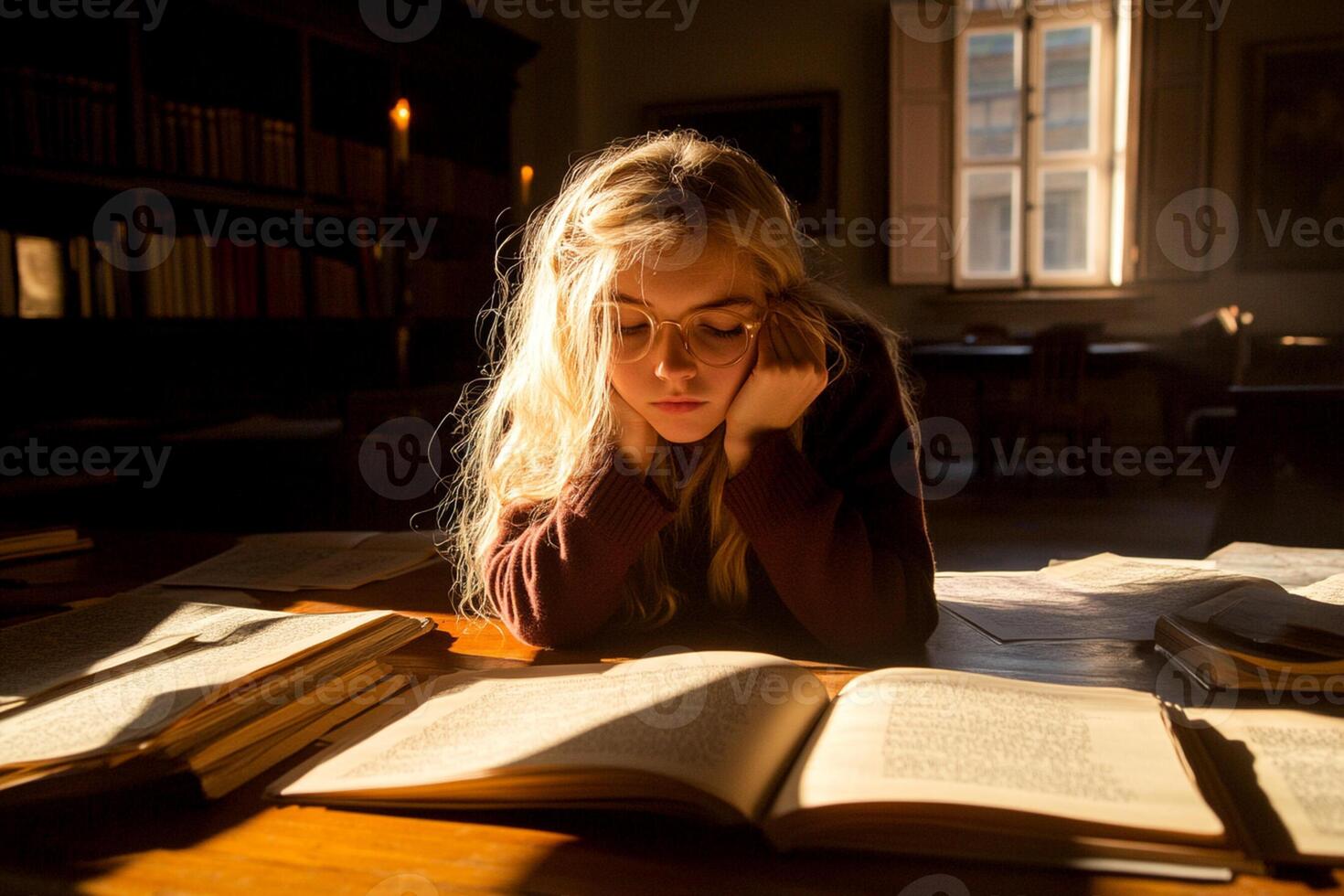 A woman is sitting at a table with a book photo