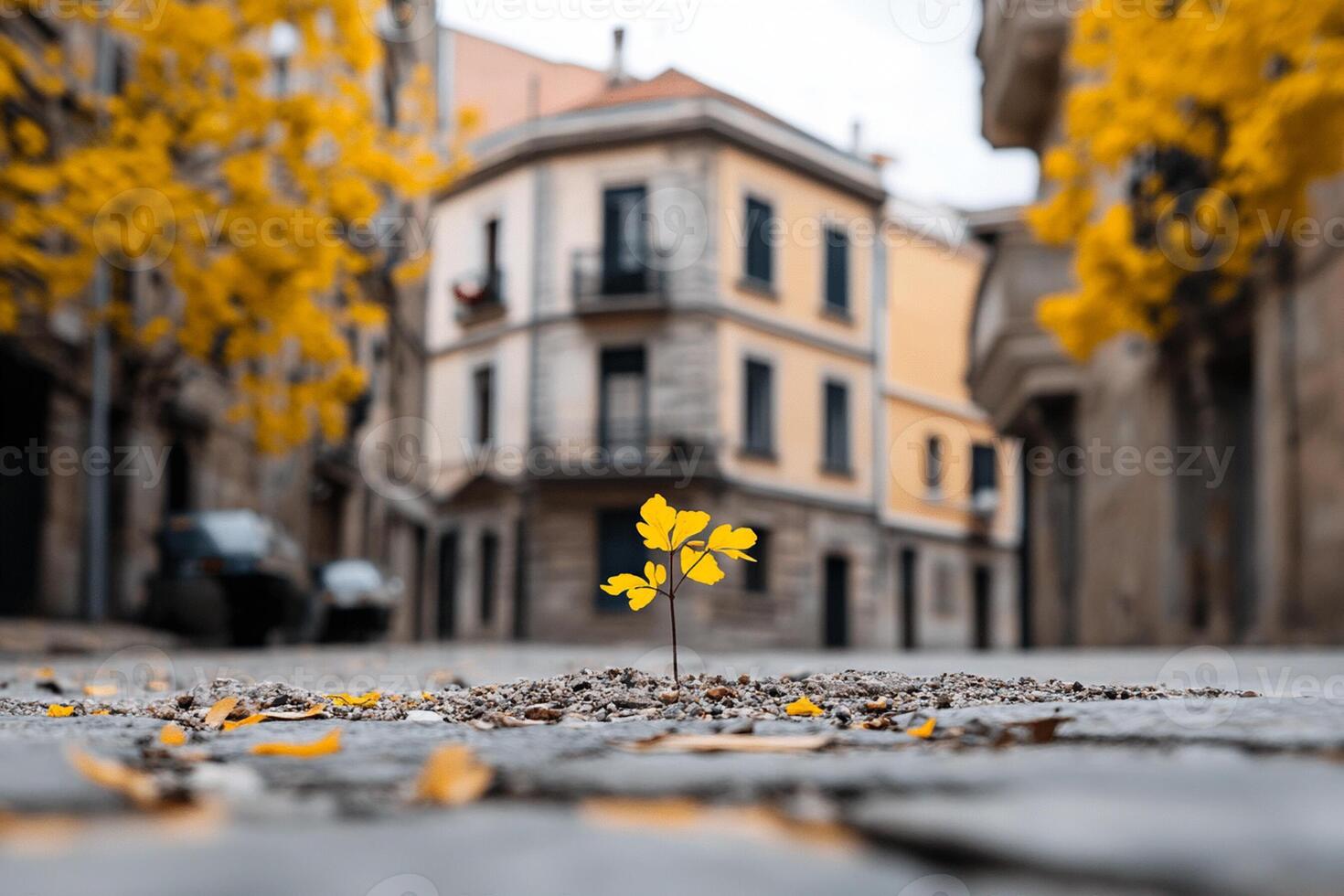 A lone yellow flower growing in the middle of a street photo