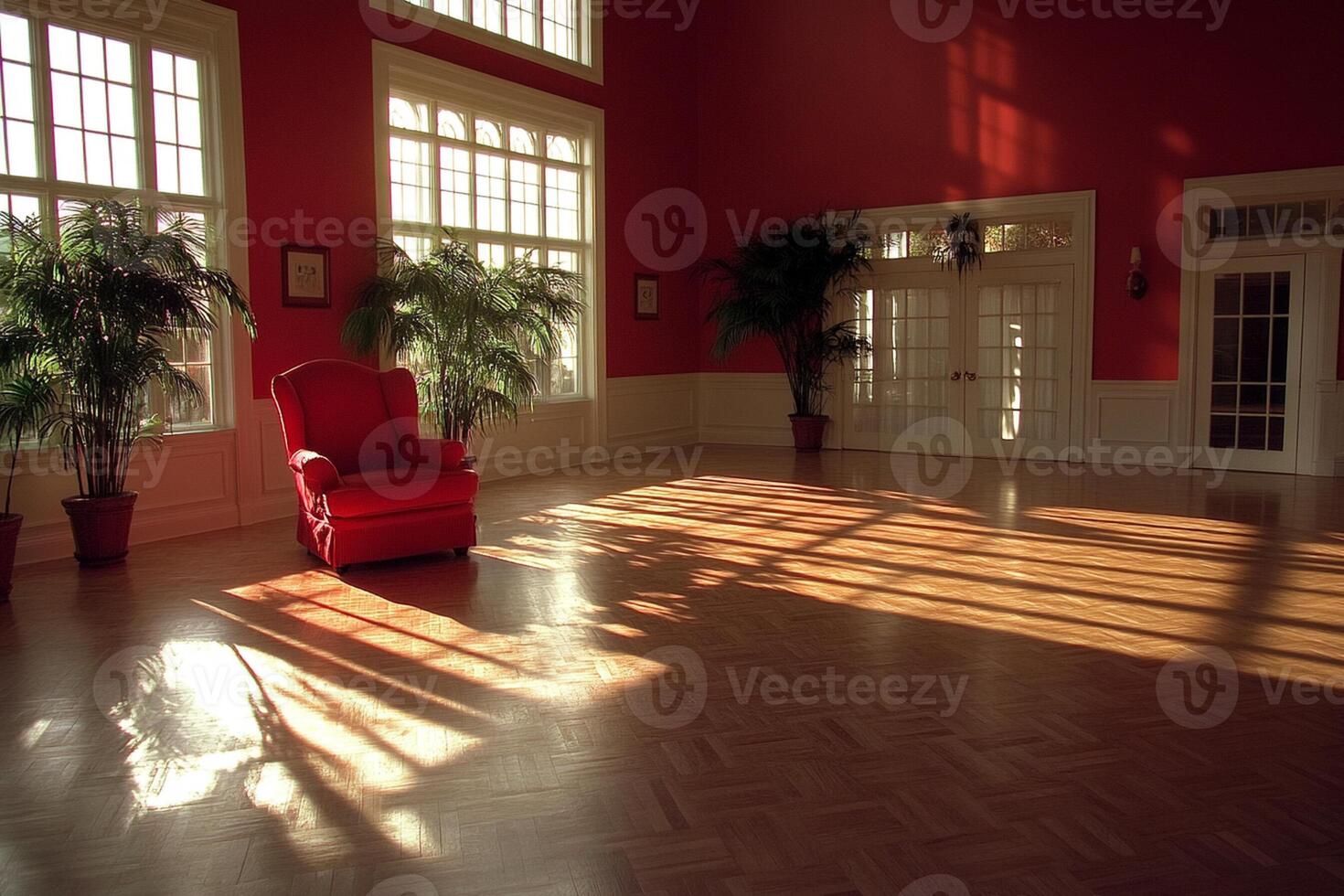 A red chair in a room with hardwood floors photo