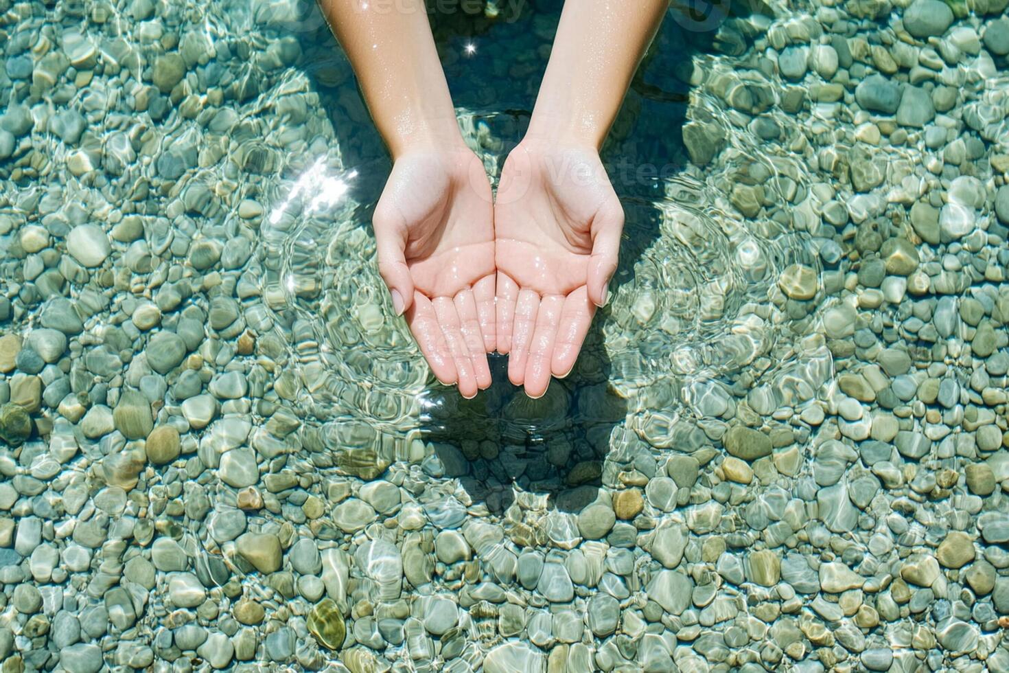 A person's hands are in the water with pebbles photo