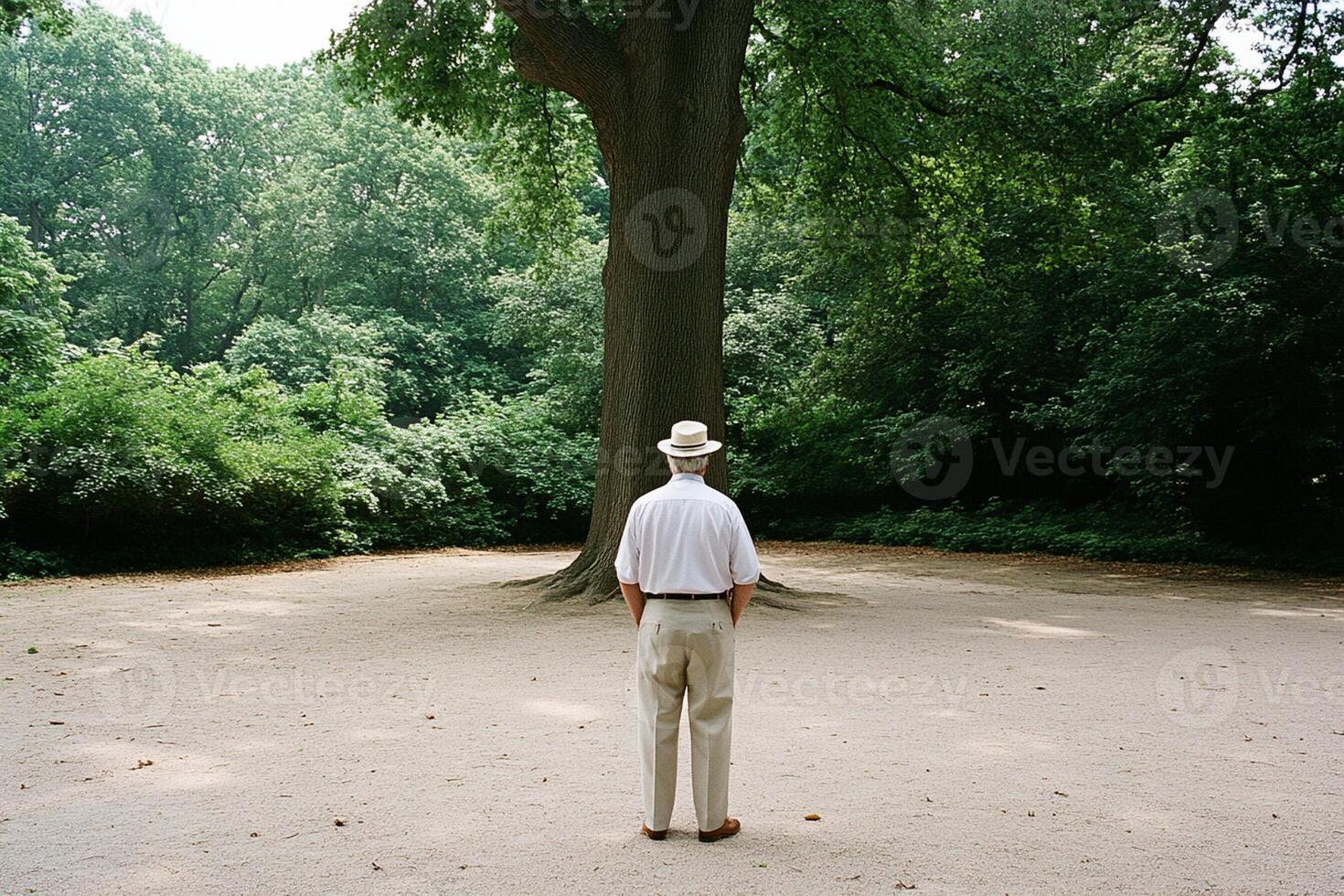 A man standing in front of a large tree photo