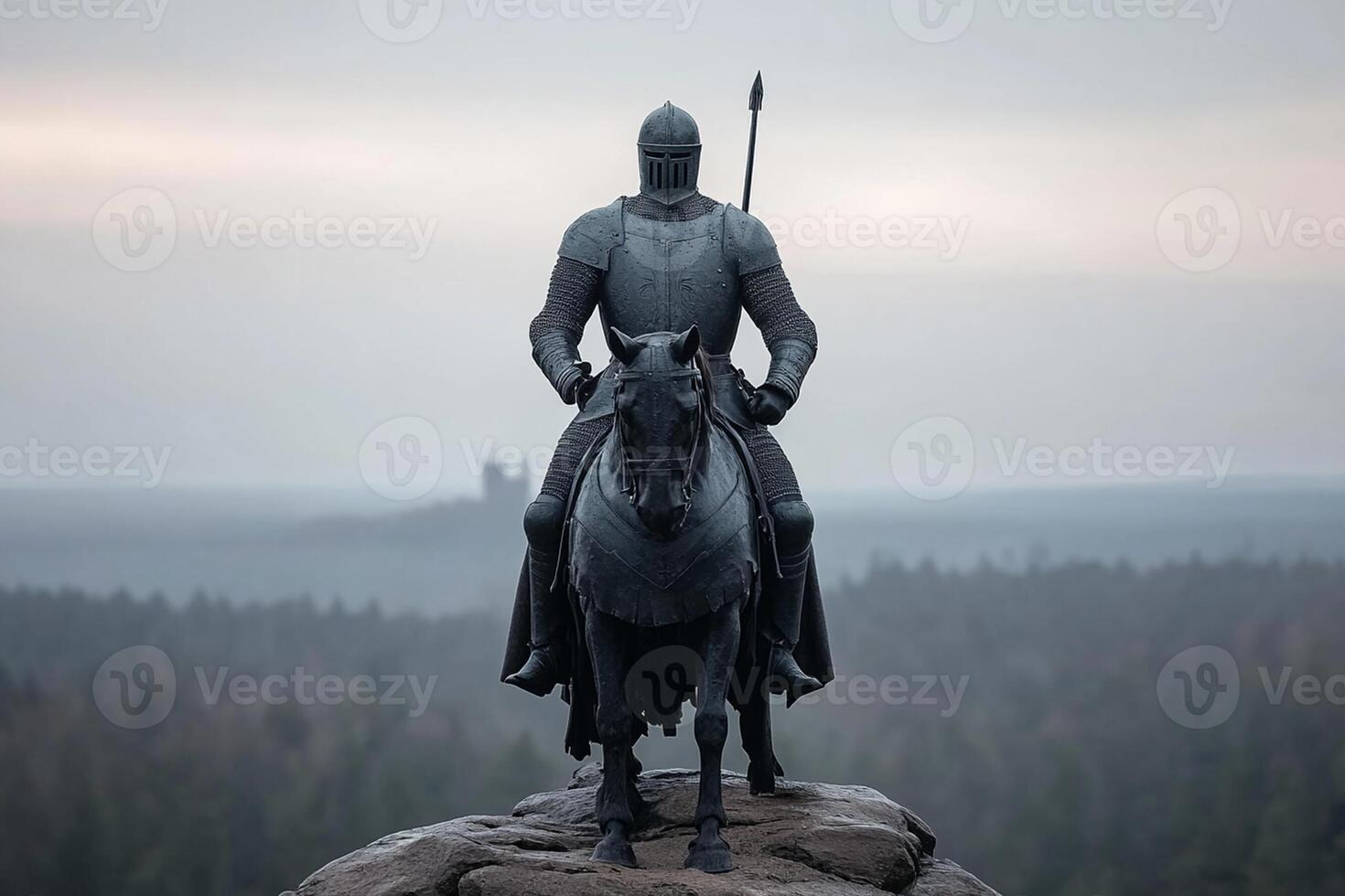A statue of a knight on a horse in the middle of a forest photo